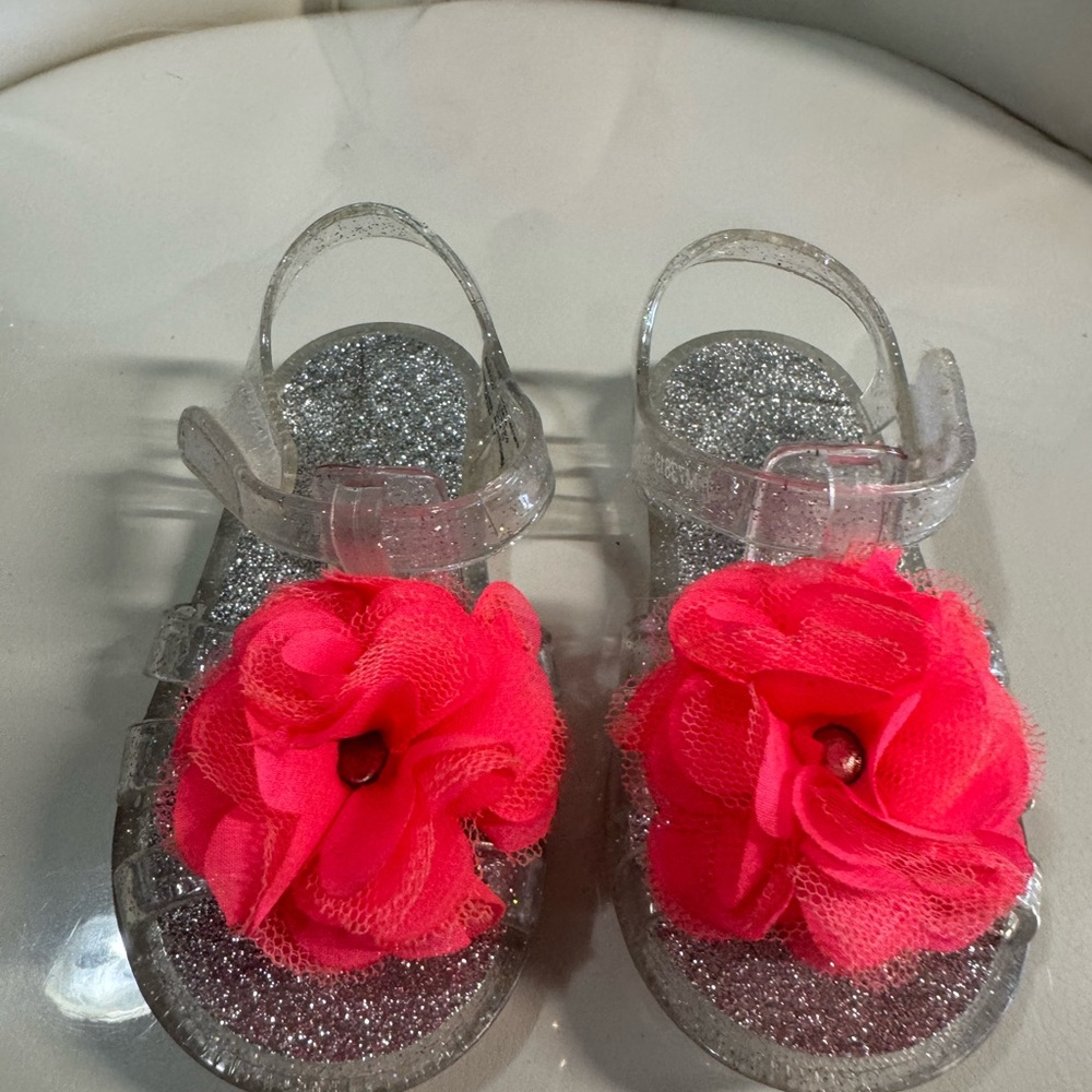Glittery Pink Flower Kids Sandals Size 4